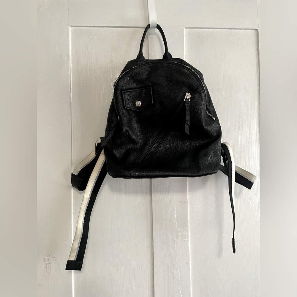DKNY Leather Zipped Moto Backpack, Black w/ Silver Hardware, GUC!